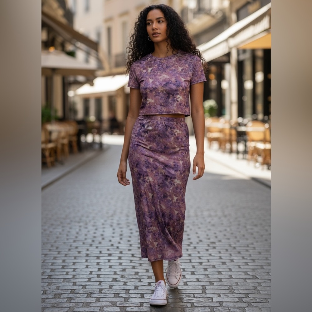 Women's Purple Floral Mesh Midi Skirt and Crop Top Set Size Large